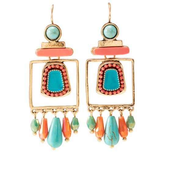 Coral & Turquoise Boho Dangle Earrings NWOT - Picture 2 of 4